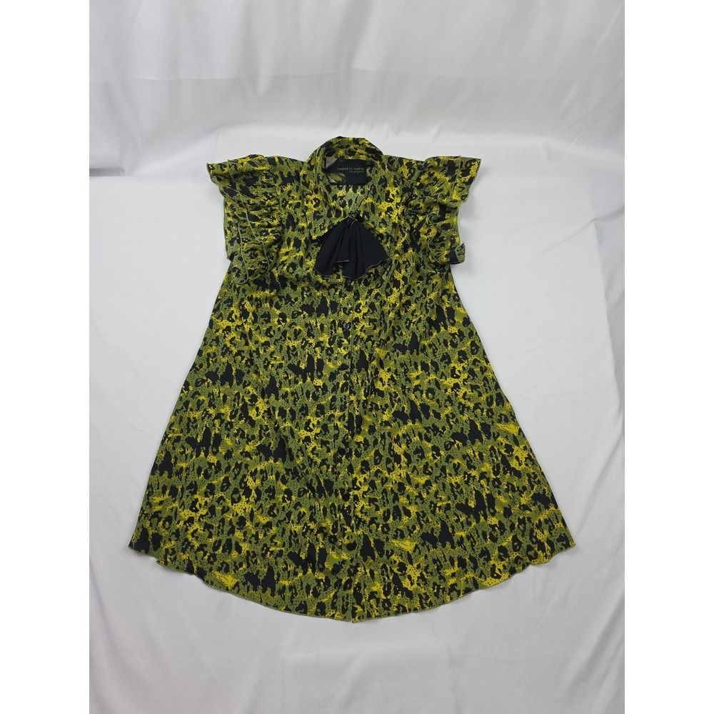 Twelve by Twelve Green Chiffon Top / Mini-dress Ruffle Bow SS Button Medium Lite